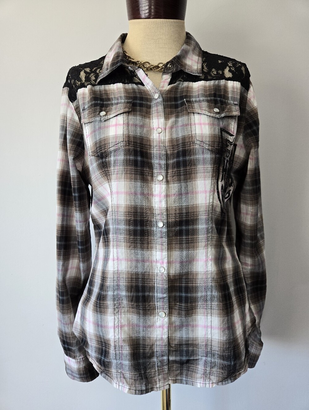 Harley Davidson Plaid Lace Shoulder Button-Up Shirt. Size L